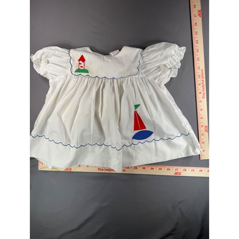 Vintage White Nautical Sailboat Lighthouse Baby Dress 24 Months Scalloped Collar